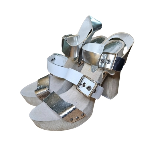 Aldo White and Silver Leather Platform Sandals Size 9 - Picture 2 of 6